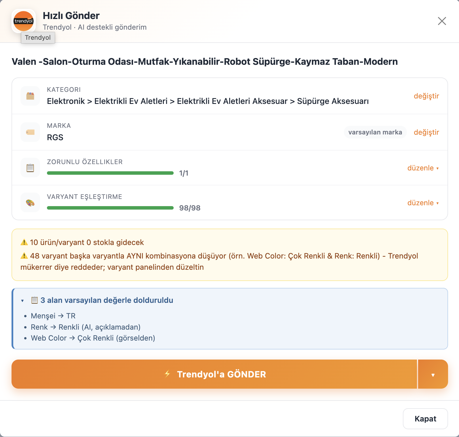 Tek Tıkla Pazaryerlerine Gönderim